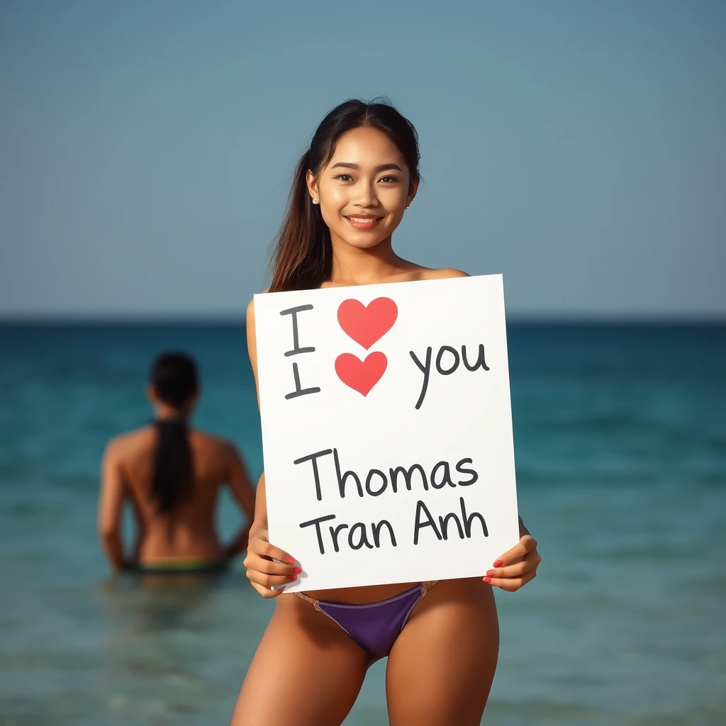 A young woman in a bikini holding a sign with the text "I love you Thomas Tran Anh."