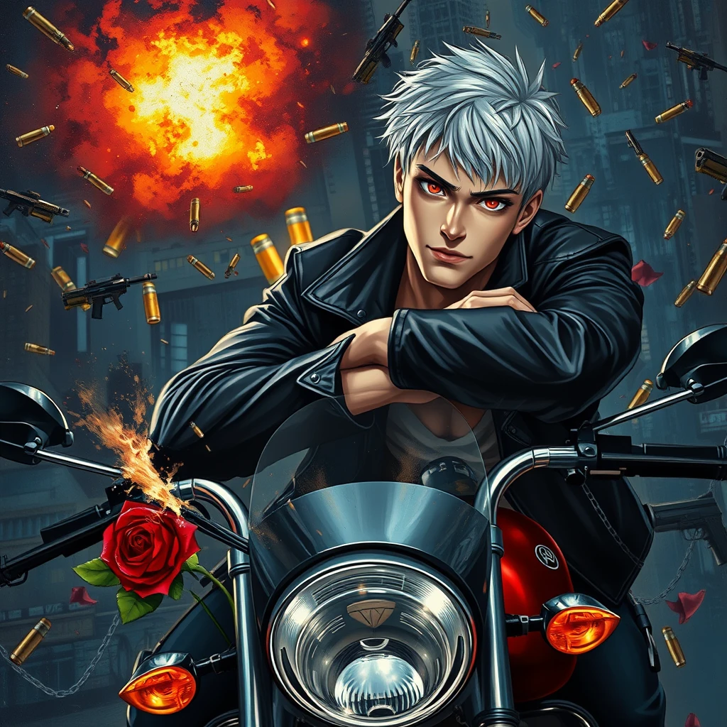 An adult male leaning on a black motorcycle, with short white hair, red eyes, black leather jacket, a muscular figure, playful eyes, city night view, high altitude, flames, explosions, black series, guns, flying bullet shells everywhere, roses and thorns, iron chains, cinematic lighting, thick painting style, ultimate color application, indistinct lines, oil painting texture, Van Gogh style.