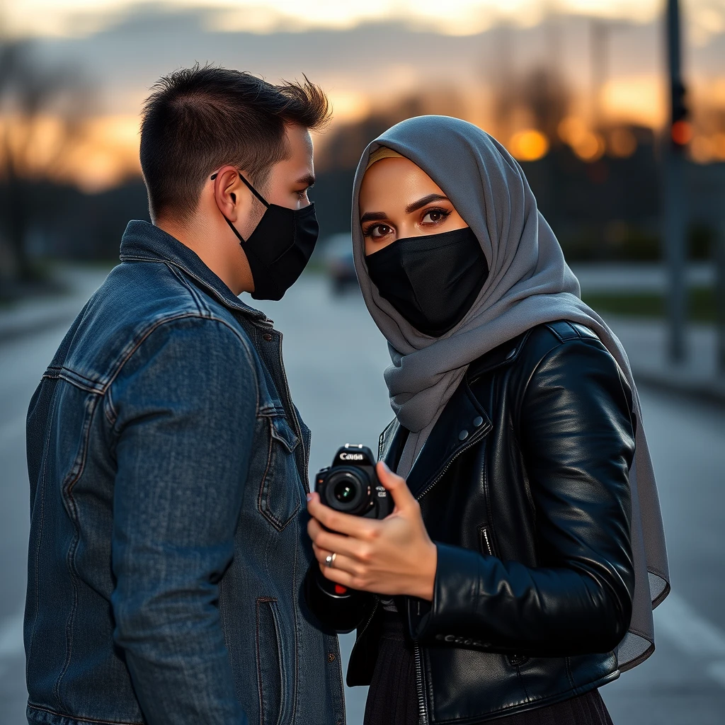 Jamie Dornan's head and body shot, handsome, black face mask, denim jacket, jeans, dating, love couple, with the biggest gray hijab Muslim girl, black face mask, beautiful eyes, black leather jacket, biggest skirt, taking pictures, DSLR Canon camera, sunset, hyper-realistic, street photography. - Image