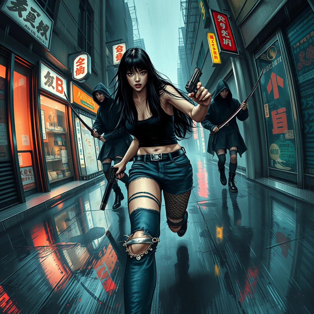 Dark grungy brush strokes, a sexy alluring cyberpunk Japanese female with long straight black hair, sprinting desperately down a dark dystopian urban alleyway while being chased by menacing cyberpunk assassins wielding katanas in futuristic hooded cloaks, just about to catch up to her. She is holding a revolver pistol in her right hand, wearing ripped jeans and ripped fishnet leggings. She is turned slightly towards her pursuers, with bokeh and depth of field, in the midst of rain on wet surfaces, with wet hair and cybernetic implants. The scene is captured with a fisheye lens and high field of view, showcasing grunge graffiti art style, Japanese shop signs, and neon lights with realistic lighting. The atmosphere is dark and gloomy, depicted in manhwa art style, featuring realistic lighting and reflections, presented in high quality at 8K resolution, as concept art with a close-up camera shot of realistic hands and a realistic pistol. - Image