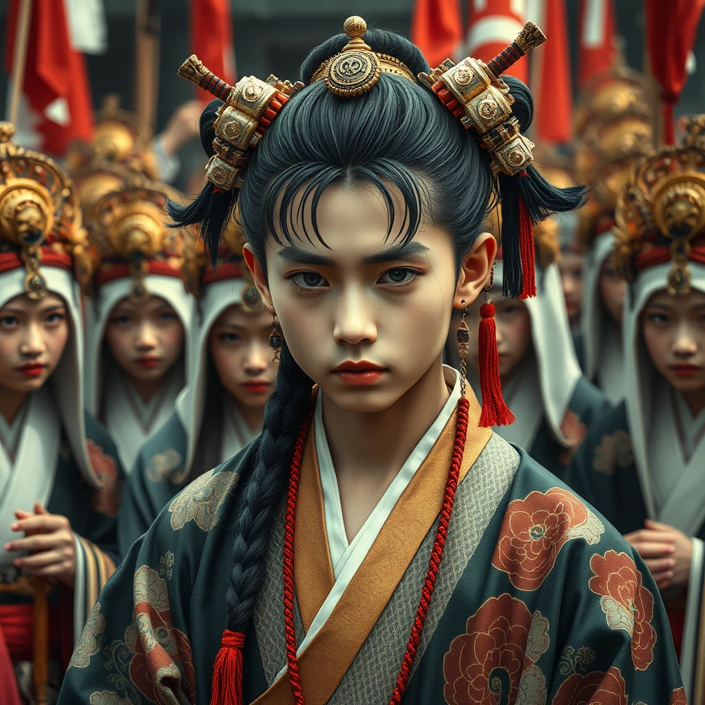 A girly young man is forced to turn into an oiran, surrounded by many oirans. - Image