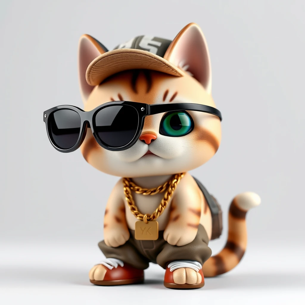 A cat figurine, 3D style, depicted in a cute Japanese chibi (two-head) style, wearing hip-hop style clothing such as oversized sunglasses, a gold chain, baggy pants, and a hat. The visual style is a realistic photo, in 8K ultra-high resolution, with a white background.