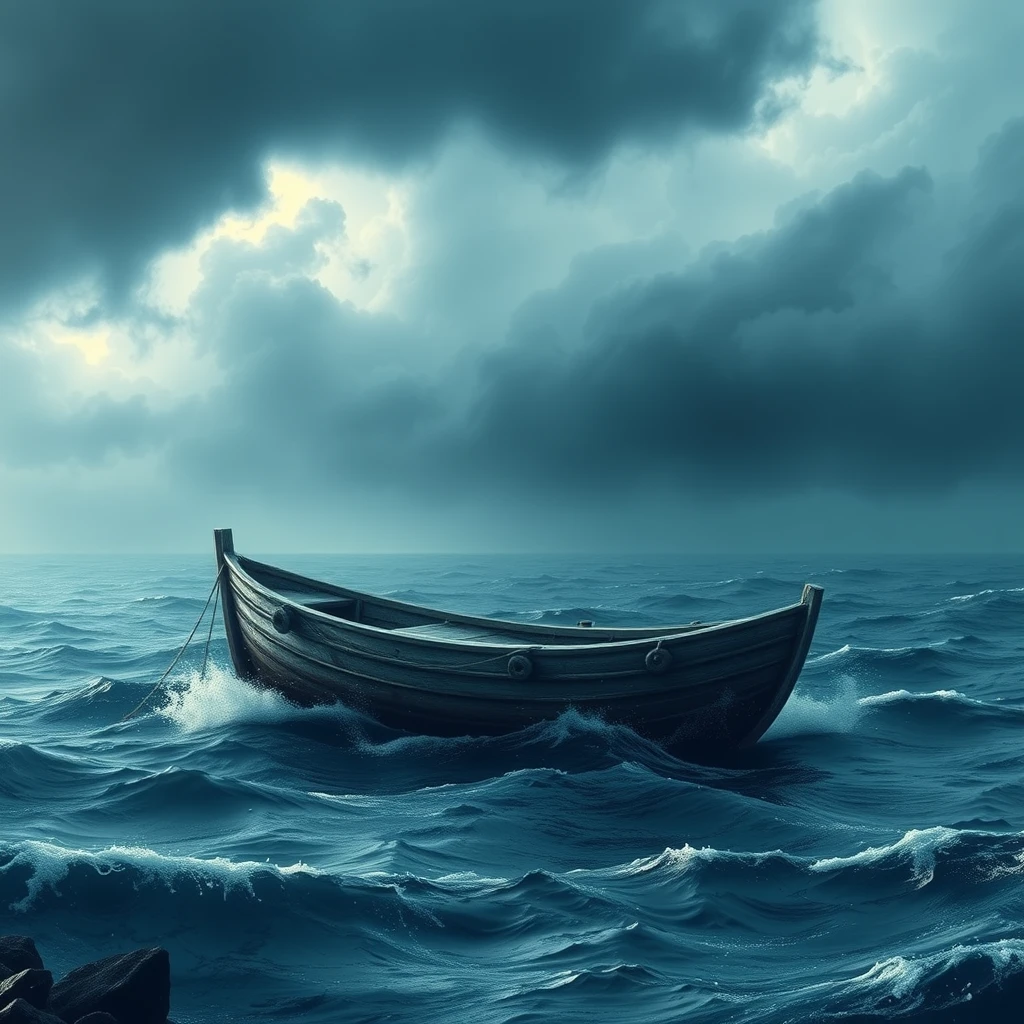 'A small boat on the sea, storm.' - Image