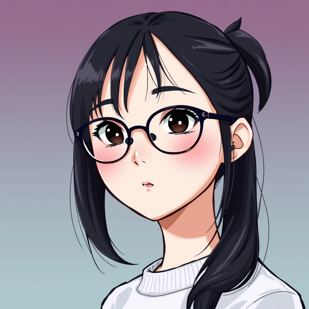 Asian girl, black hair, round face, thick-framed glasses, single ponytail. - Image