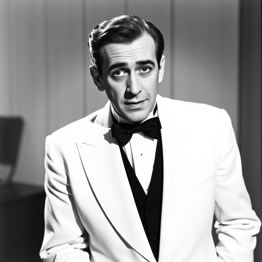 A publicity still of Humphrey Bogart in black and white, wearing a white tuxedo. - Image