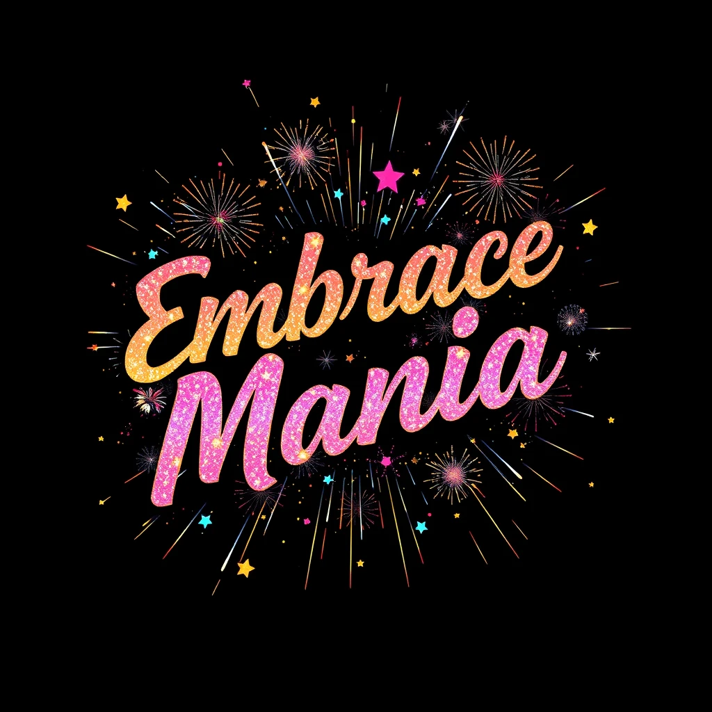 T-shirt design of fantastic vibrant glittery but ethereal text with galaxy-like fireworks explosions that says "Embrace Mania".