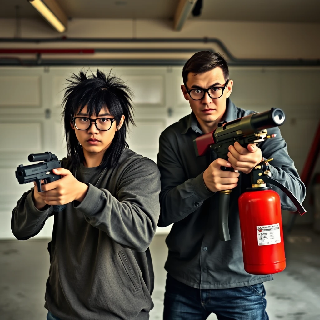 [21-year-old young white Chinese man with long black fringe mullet, square glasses, holding a dangerous pistol]; [21-year-old white Italian man with round prescription glasses and short hair holding a very large fire extinguisher flamethrower], garage setting, both angry. - Image