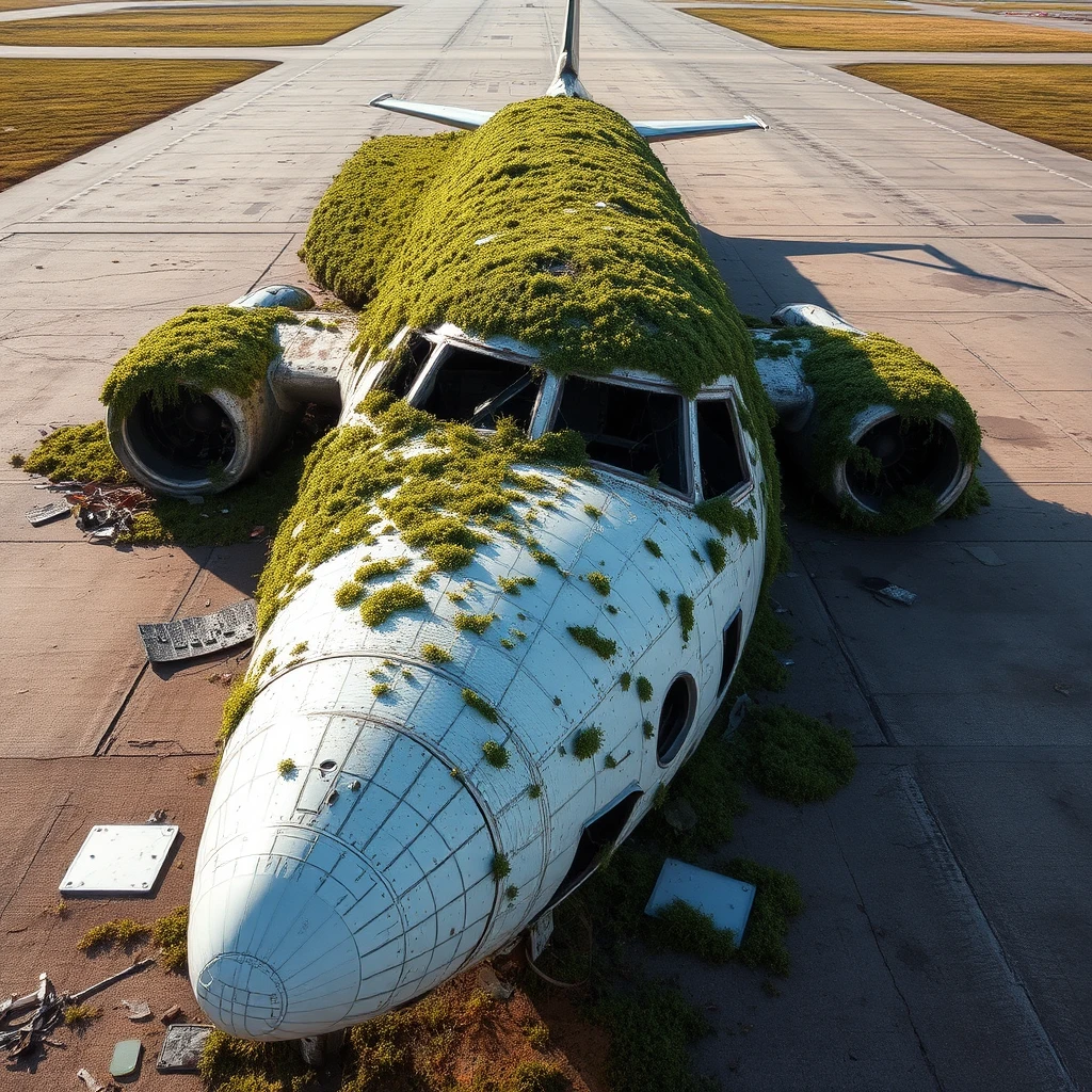 An airplane on the runway. The decaying airplane is covered in green grass and moss. There are metal pieces and glass shards on the ground.