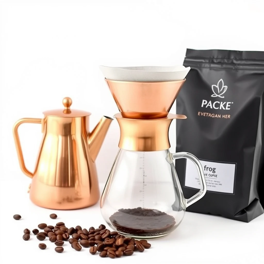 A copper pour-over coffee setup with a kettle, dripper, glass carafe, and a bag of coffee beans, minimalist white background.