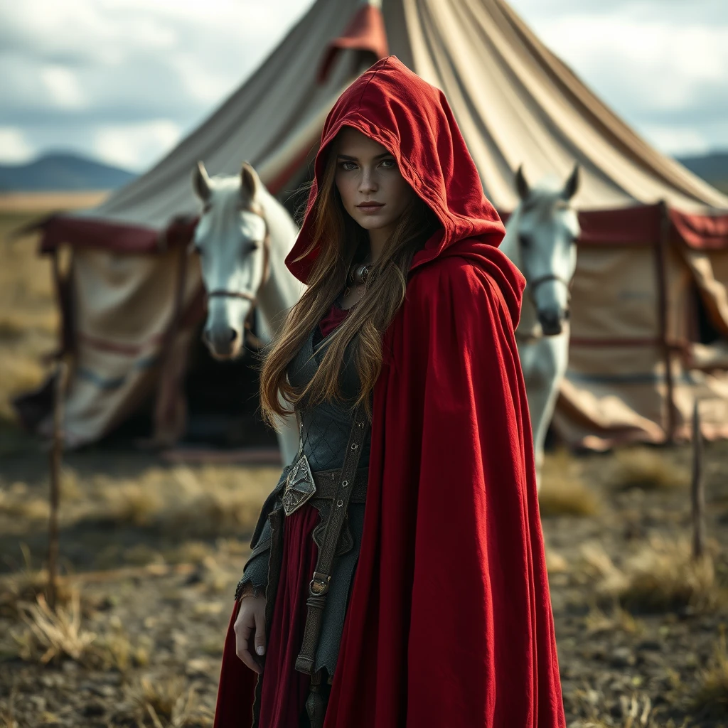 Photo: Fantasy heroine with a red cloak without a hood in front of a tent in the steppe, white horse in the background. Wide shot. - Image