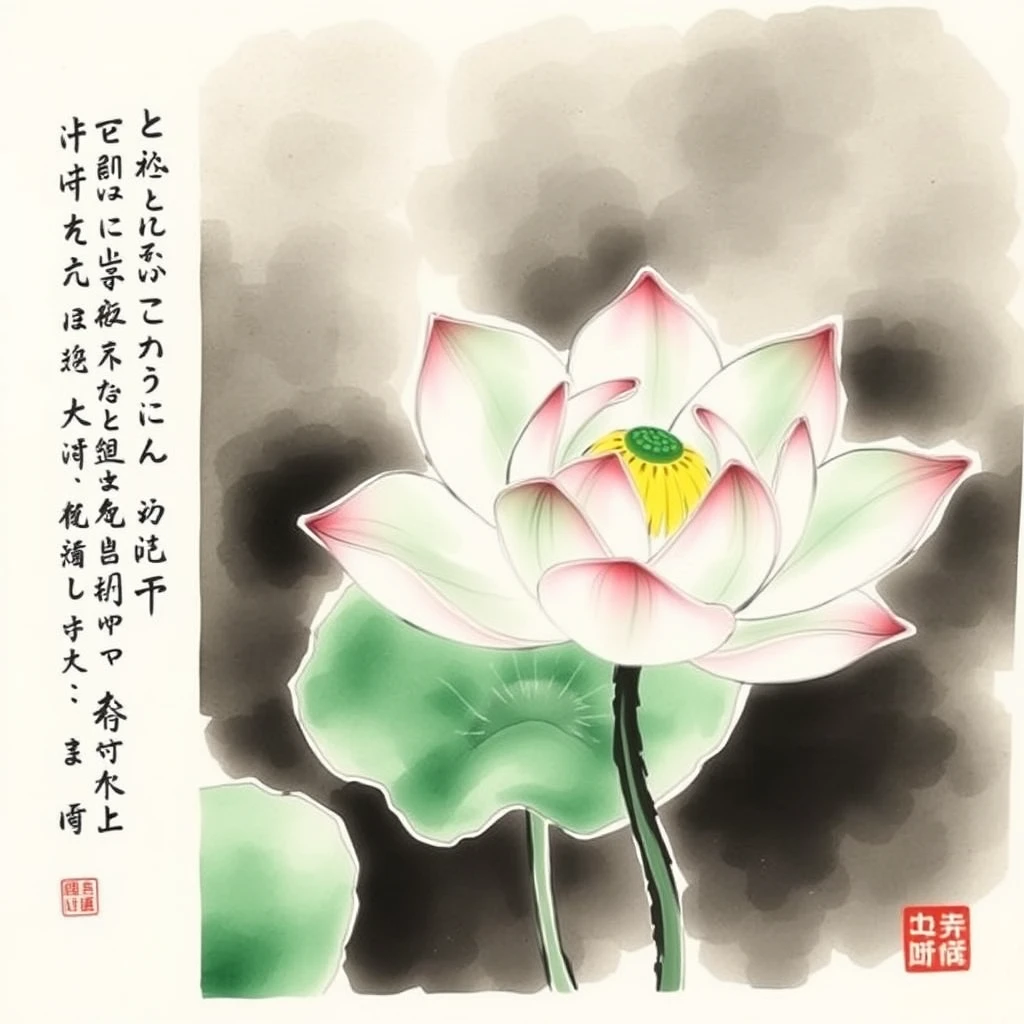 "Green Lotus, ink wash painting style, accompanied on the left side by a poem."