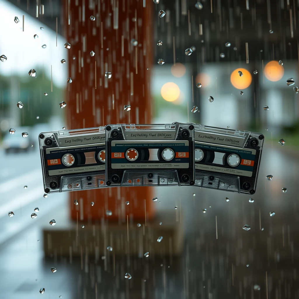 3 cassette tapes floating in the rain