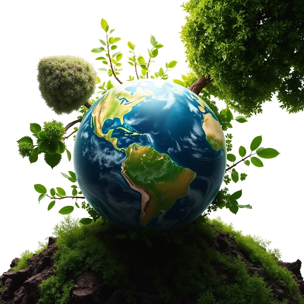 "Generate a realistic visual with the Earth as the main focus, surrounded by green environmental elements."