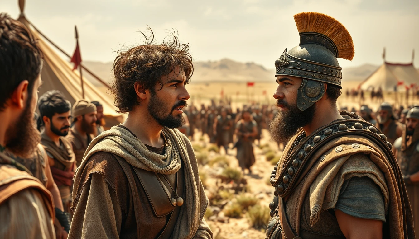 A young man, with messy hair and a short beard, is arguing with a middle-aged Mesopotamian king. The young man is dressed in biblical-era shepherd's attire. The middle-aged king is dressed as a Mesopotamian soldier. Both men are surrounded by a diverse group of men in ancient Sumerian soldier armor. In the background are Arabic army tents pitched on a desert shrub land. In the distant horizon stands another army armed and ready to fight. Dramatic lighting. - Image