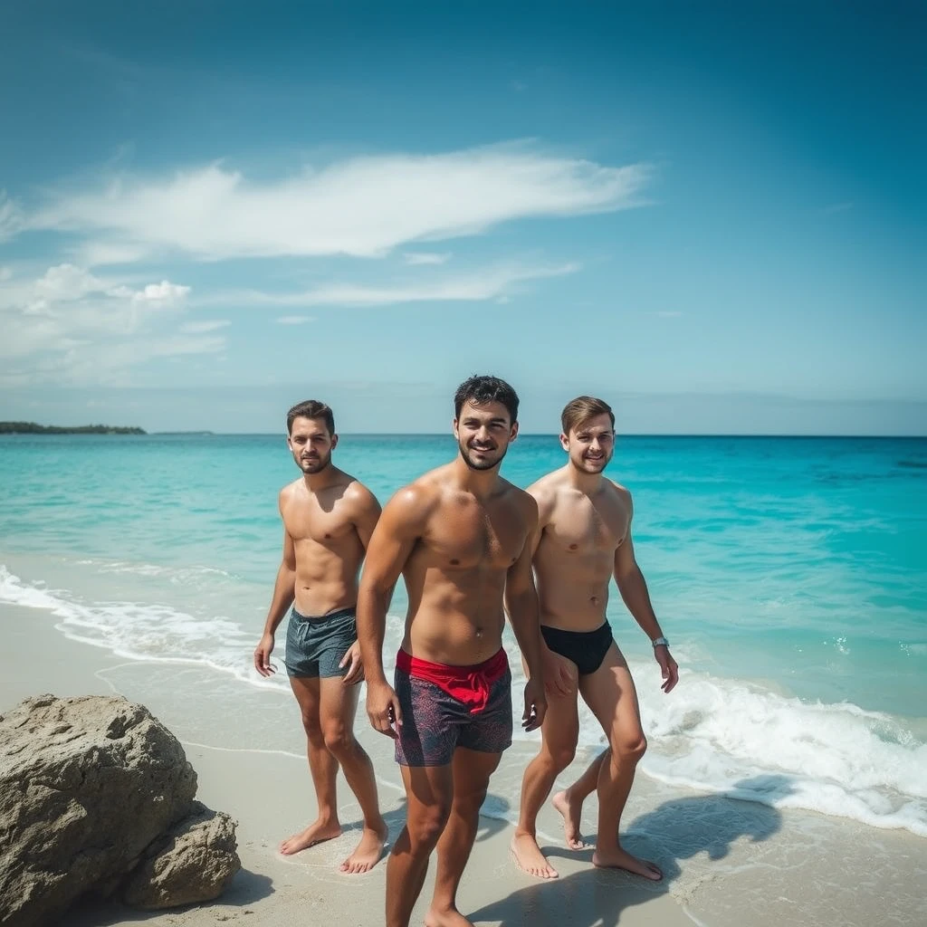 Handsome hunks on the beach in see-through. - Image