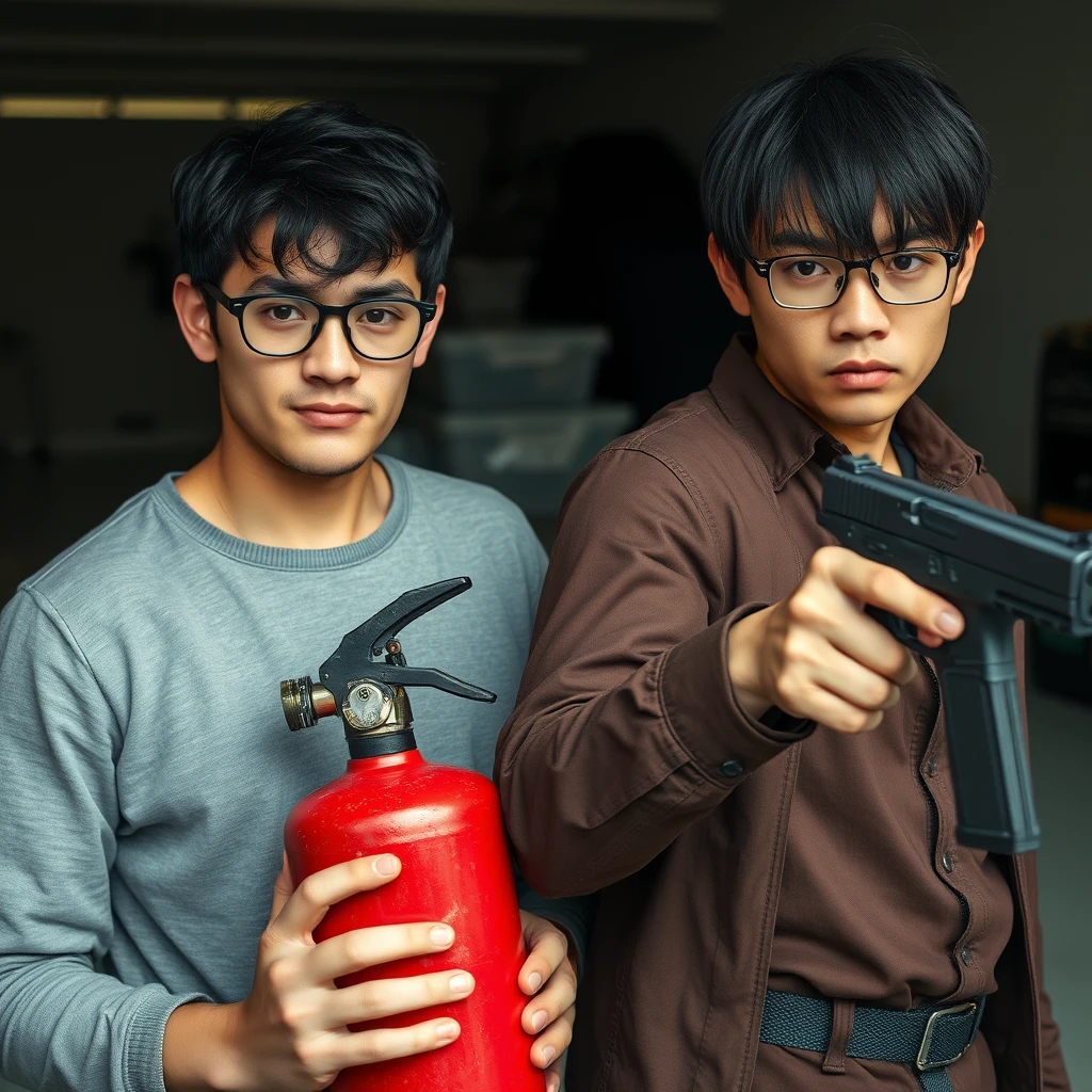 A 21-year-old very fair-skinned Italian man, wearing round glasses, with short black hair, holding a very large fire extinguisher flamethrower. And a 21-year-old Northern Chinese man, with a thin long face, wearing square glasses, with mid/long fringe black hair, holding a Glock. Both are angry; with murderous intent, in a garage setting.