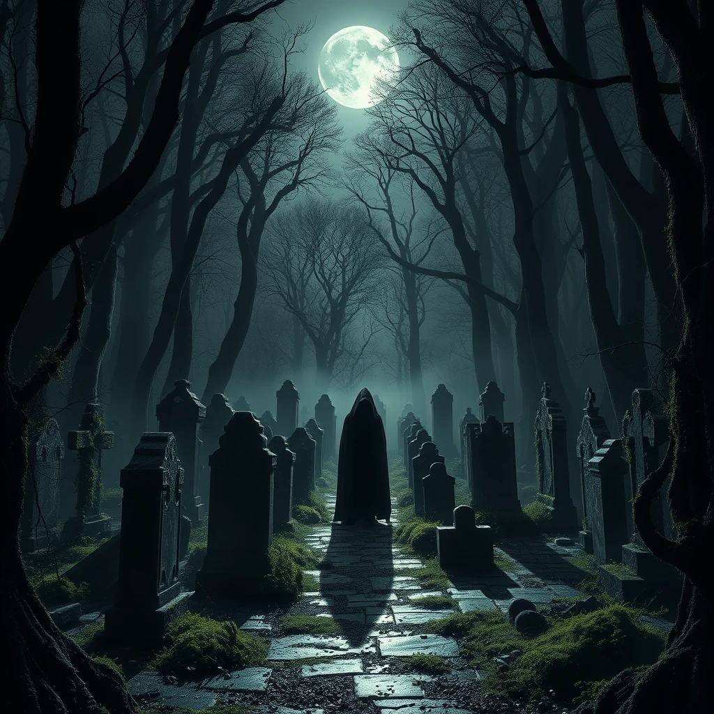 A hauntingly beautiful, high-resolution image of a gothic cemetery nestled within a dense, eerie forest. The cemetery is adorned with towering tombstones, overgrown with moss and vines, casting elongated shadows on the damp ground. A spectral figure, a shadowy silhouette with a hood, stands in the distance, emanating a chilling aura. The moon casts a silvery glow on the scene, with a faint mist enveloping the cemetery, enhancing the sense of mystery and unease. - Image