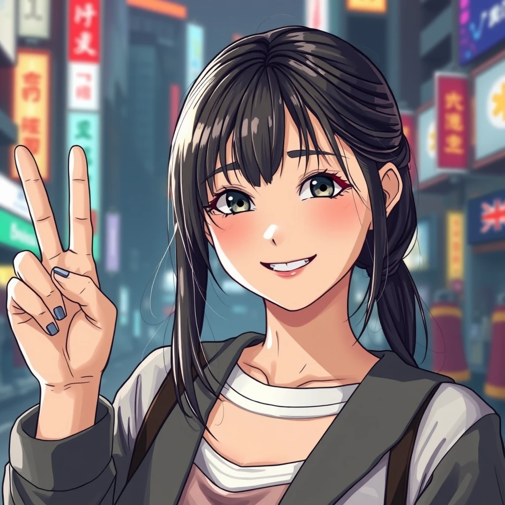 Japanese girl, holding up peace hand, smiling, cyberpunk city background, realistic photo