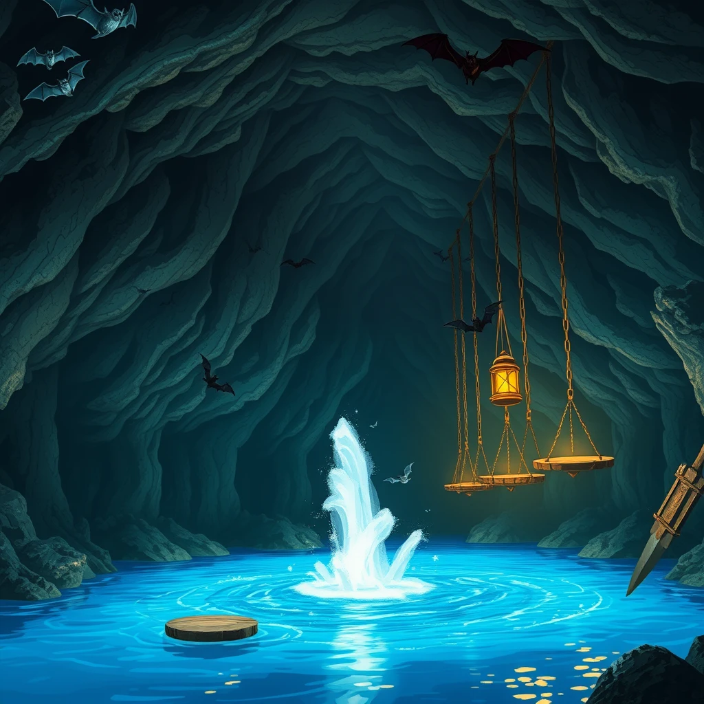 A large cavern, brightly lit by a male barbarian holding a lantern. There is blue water filling the bottom of the cavern and a geyser is erupting. Hanging from the ceiling in a row are a series of chains with round wooden platforms at the end of the chains that are suspended above the water. Bats are flying around. - Image