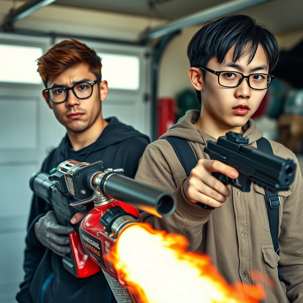 21-year-old very light-skinned Italian man wearing round glasses and short brown hair, holding a very large fire extinguisher flamethrower, alongside a 21-year-old white Northern Chinese man with a thin long face, wearing square glasses and mid/long fringe black hair, holding a Glock; both appear angry with murderous intent, in a garage setting.