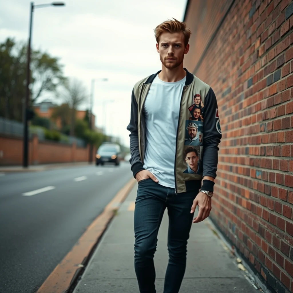 Jamie Dornan head and body shot, handsome, young, serious face, white T-shirt, collage jacket, skinny jeans, sneakers, walking in a hot style, near the road, hyper-realistic, street photography, brick wall, full body photo. - Image