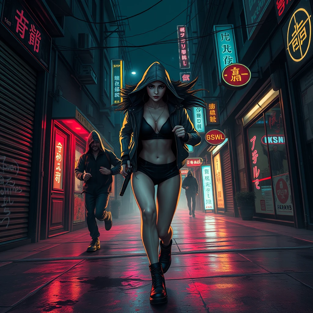 sexy alluring cyberpunk female running down a dark dystopian urban alleyway being chased by cyberpunk assassins in hooded cloaks, grunge graffiti art style, street fighter style, japanese shop signs, neon lights with realistic lighting, dark and gloomy, comic book art style with rough lines, realistic lighting, realistic reflections, high quality, 8k, close up over the shoulder camera shot