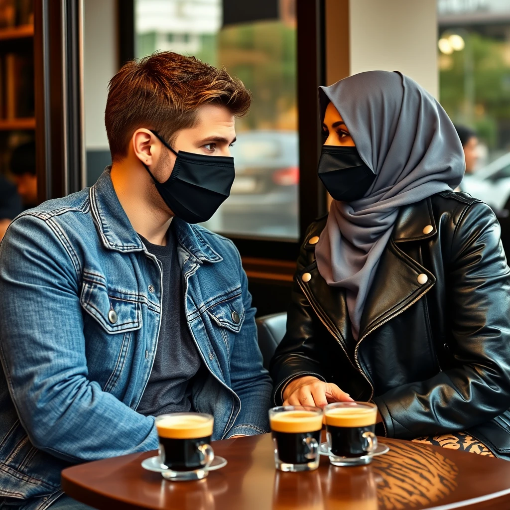 Jamie Dornan's head and body shot, handsome, wearing a black face mask, blue jeans jacket, jeans, dating a Muslim girl in a grey hijab with beautiful eyes, also wearing a black face mask, a black leather jacket, and the biggest tiger pattern skirt, at a café with 2 cups of espresso on the table, looking at each other, photorealistic.