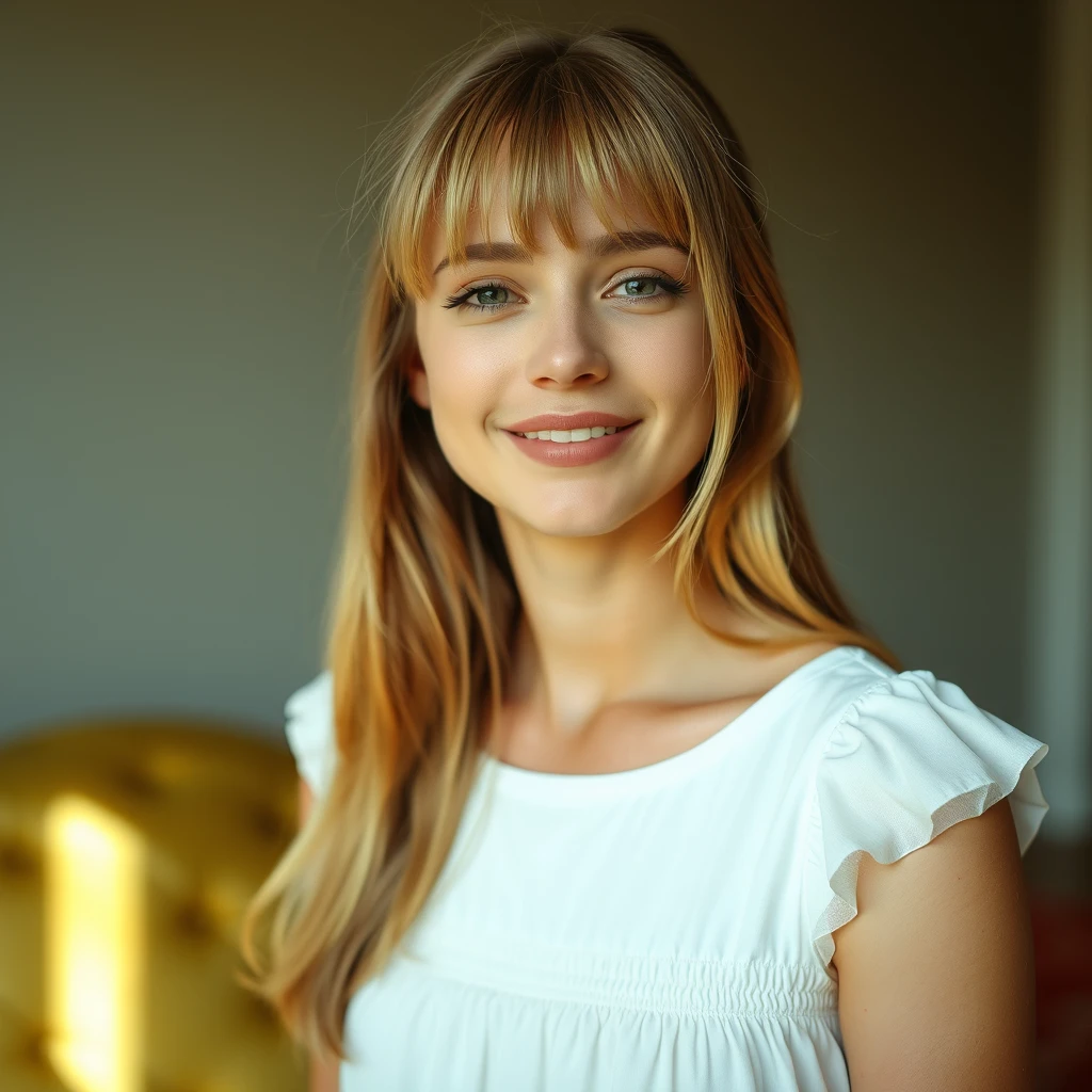 A serene, blissful scene of a young woman in a white dress. The scene feels authentic and unpolished, informal, without heavy makeup. Her blonde bangs frame the sides of her face. - Image