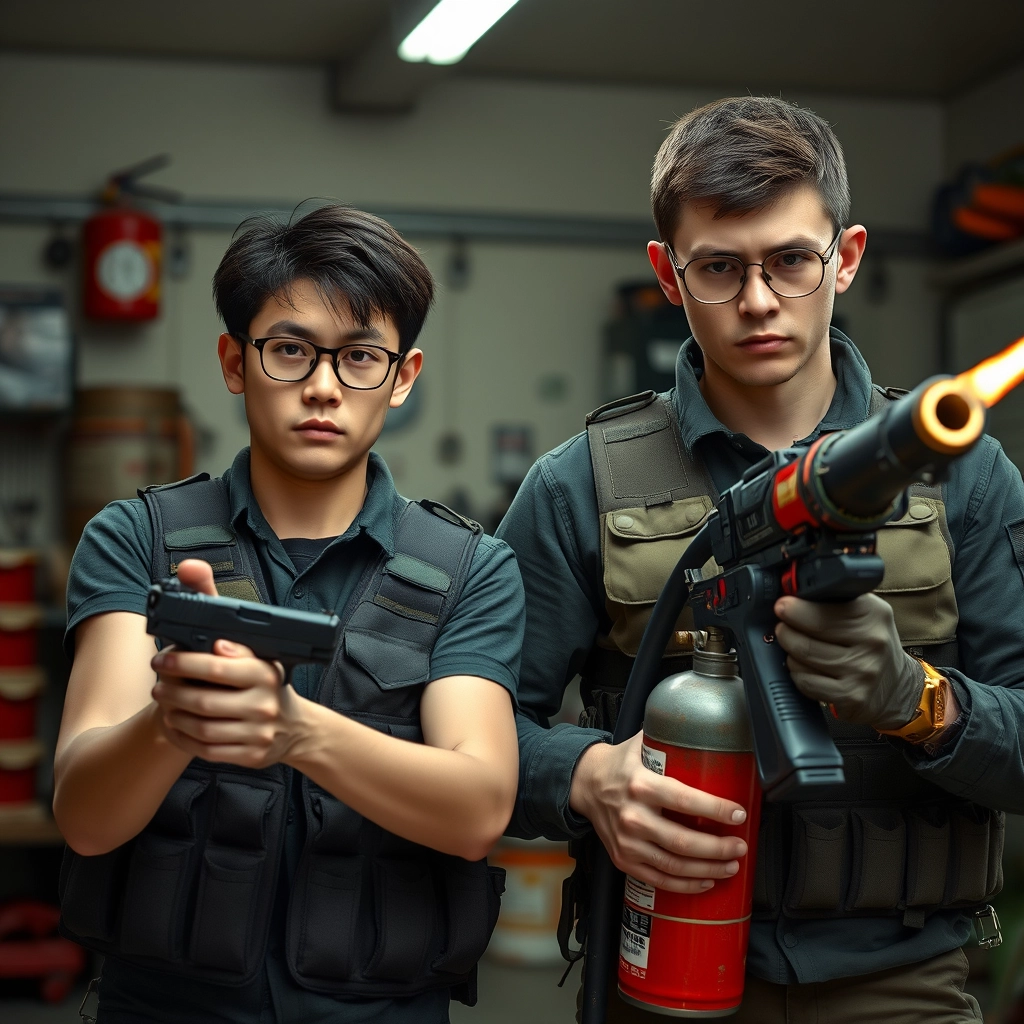 21-year-old white thin long-faced young northern Chinese man with a square chin, wearing square glasses, holding a pistol, "medium/long length hair"; 21-year-old white Italian/Caucasian man wearing round glasses and short hair holding a very large fire extinguisher flamethrower; garage setting; both angry and wearing a military vest. - Image