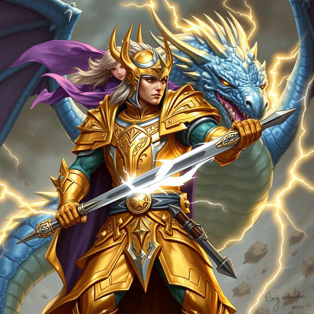 Gold and silver paladin devoted to Bahamut, the paladin doubled in size by an elf mage in a purple robe, fighting a blue dragon with lightning-shaped scars across the dragon's body. - Image