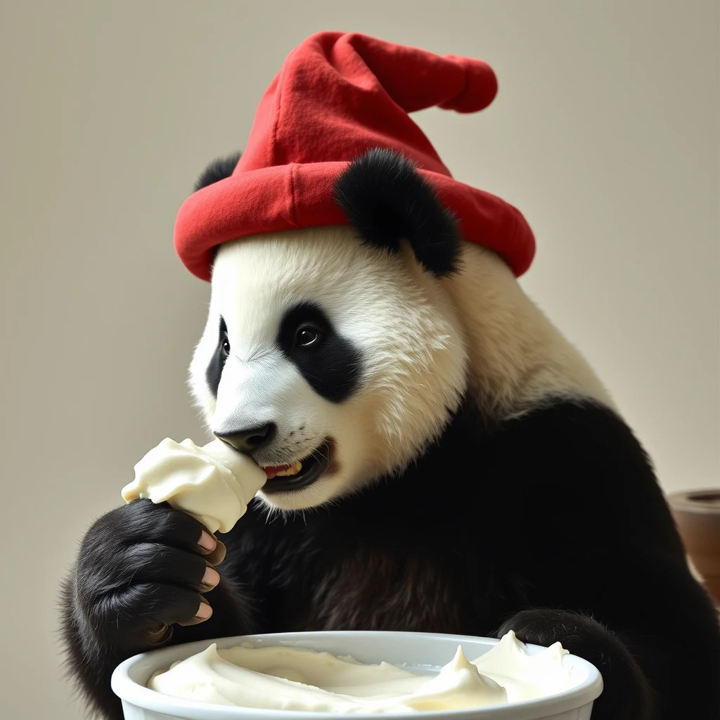 panda, eat, white ice-cream. another panda watch him