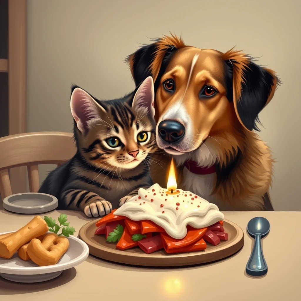 tabble，cute，cat and dog，eatting dinner