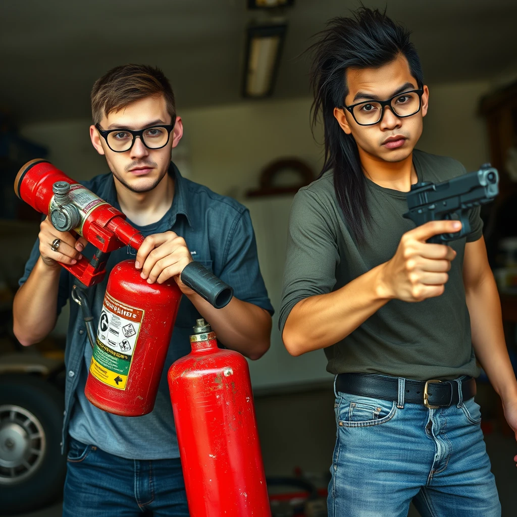 A 21-year-old European white Italian man with round prescription glasses and short hair is holding a very large fire extinguisher flamethrower, and a 21-year-old Northern Chinese man with a long black mullet and square glasses is holding a pistol; both appear angry with murderous intent; the setting is a garage; both are thin.