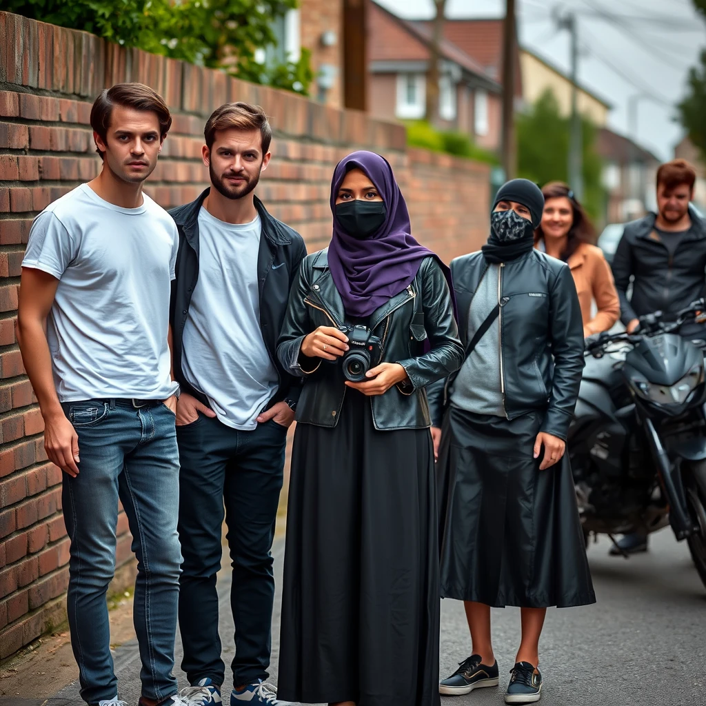 Jamie Dornan and Freddie Prinze, head and body shot, handsome, young, serious face, dark brown hair, white T-shirt, college jacket, skinny jeans, sneakers, standing, discussing with two guys with a short purple hijab Muslim girl, beautiful eyes, black face mask, black leather jacket, longest black leather skirt, holding a Canon DSLR camera, near a town road, superbike, hyper-realistic, street photography, brick wall, full body photo, three other random friends in the back. - Image