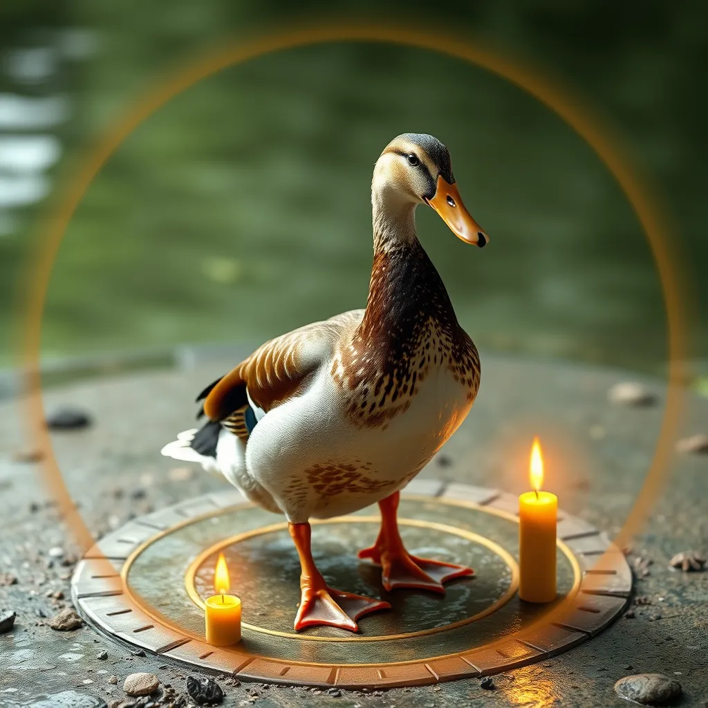 duck standing within a ritual magic circle