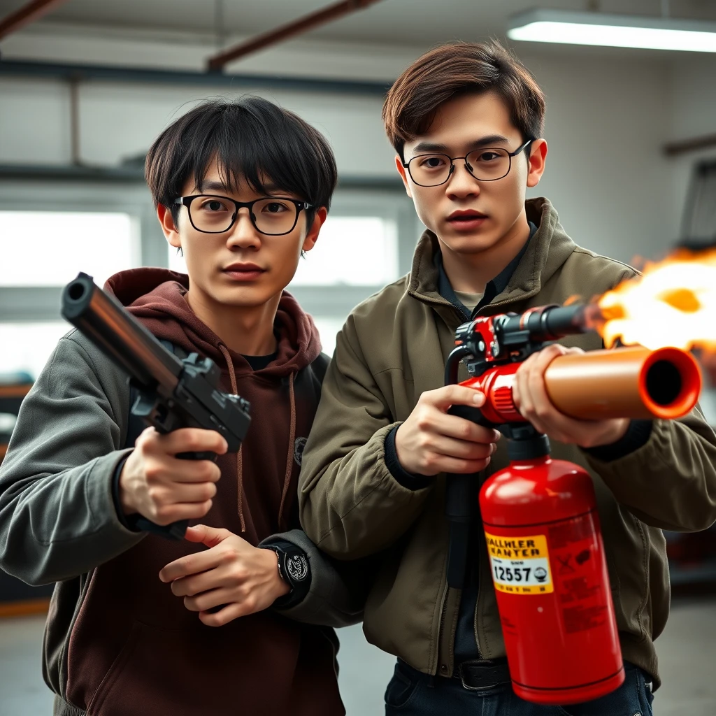 21-year-old white northern Chinese man wearing square glasses, with mid/long fringe black hair, holding a Glock, and 21-year-old white Italian man wearing round glasses and brown short hair holding a very large fire extinguisher flamethrower, in a garage setting.