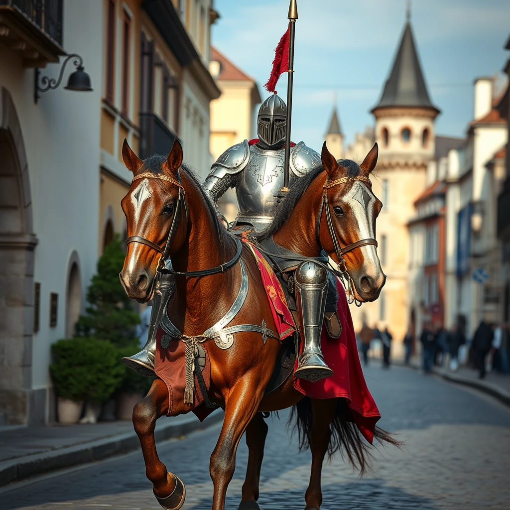 A knight in iron armor rides a horse down the street. - Image