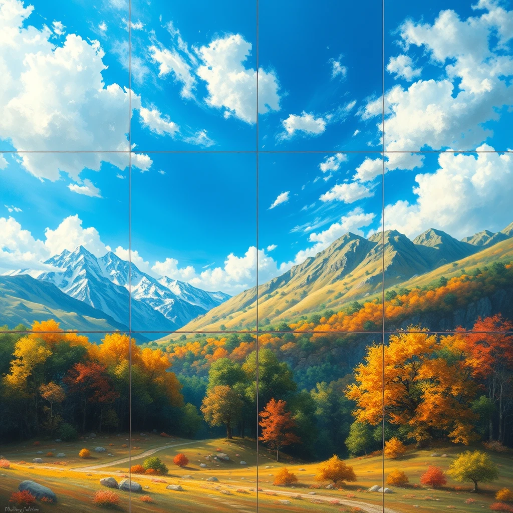 A [landscape] painting depicting the four seasons in a multi-layered size style, with a realistic color scheme and detailed nature depiction. The sky is impressive and the piece is designed to be viewed on multiple screens. Four colors are used to represent the four seasons, with a nature core - Image