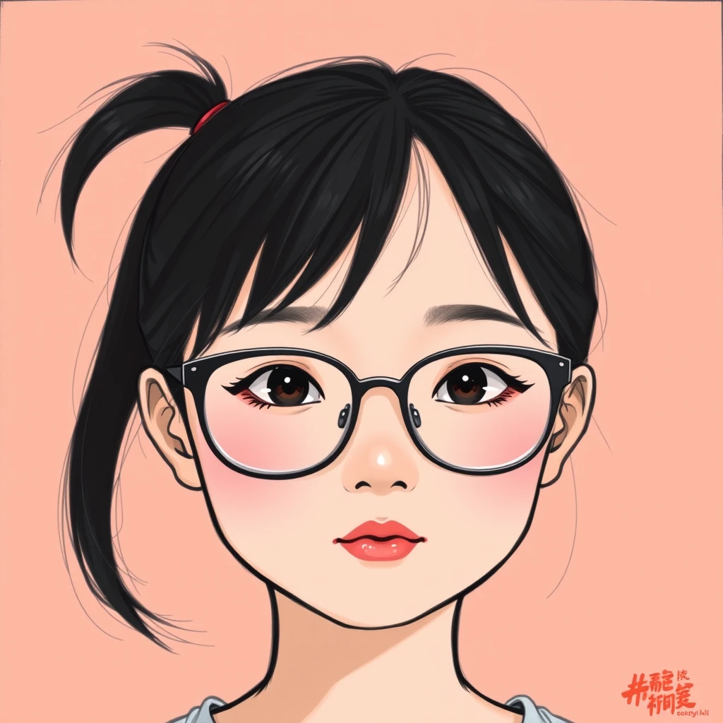 Asian girl, black hair, round face, thick-framed glasses, single ponytail. - Image