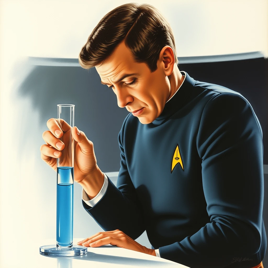 Deforest Kelly looks at a test tube of blue fluid, 1966 USS Enterprise, as painted by Arthur Sarnoff.