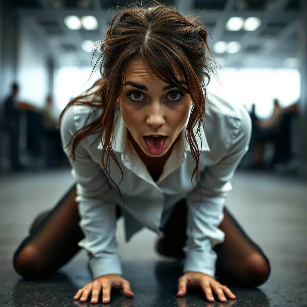 Kate Middleton dressed as an office intern, on her knees, wearing a tight white shirt, facing up at the camera, close-up shot, hands on knees, long legs, black tights, messy frazzled hair, tongue out, young, teenager, wet face, soft lighting, realistic shot, looking confused. - Image