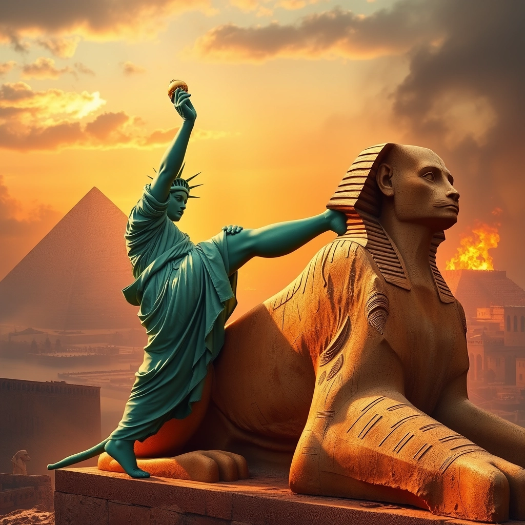 A realistic image of the Statue of Liberty kicking the Egyptian Sphinx, with Cairo in flames in the background. - Image