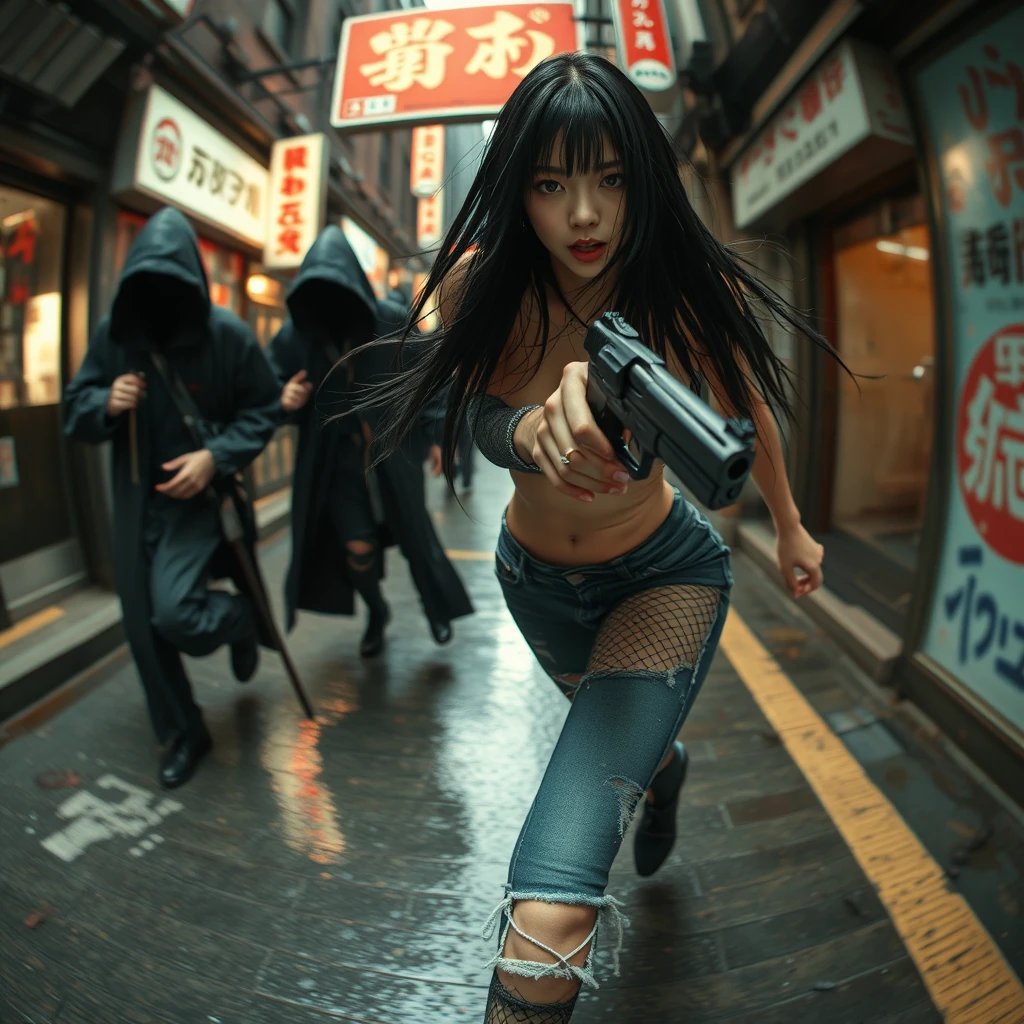 sexy alluring cyberpunk Japanese female with long straight black hair, sprinting desperately down a dark dystopian urban alleyway being chased by cyberpunk assassins in hooded cloaks just about to reach her, holding a revolver pistol in her right hand, ripped jeans, ripped fishnet leggings, she is turned slightly towards the chasers, bokeh, depth of field, raining, wet surfaces, wet hair, cybernetic implants, fisheye lens, high FOV, grunge graffiti art style, Japanese shop signs, neon lights with realistic lighting, dark and gloomy, manhwa art style, realistic lighting, realistic reflections, high quality, 8k, concept art, close up camera shot, realistic hands, realistic pistol. - Image