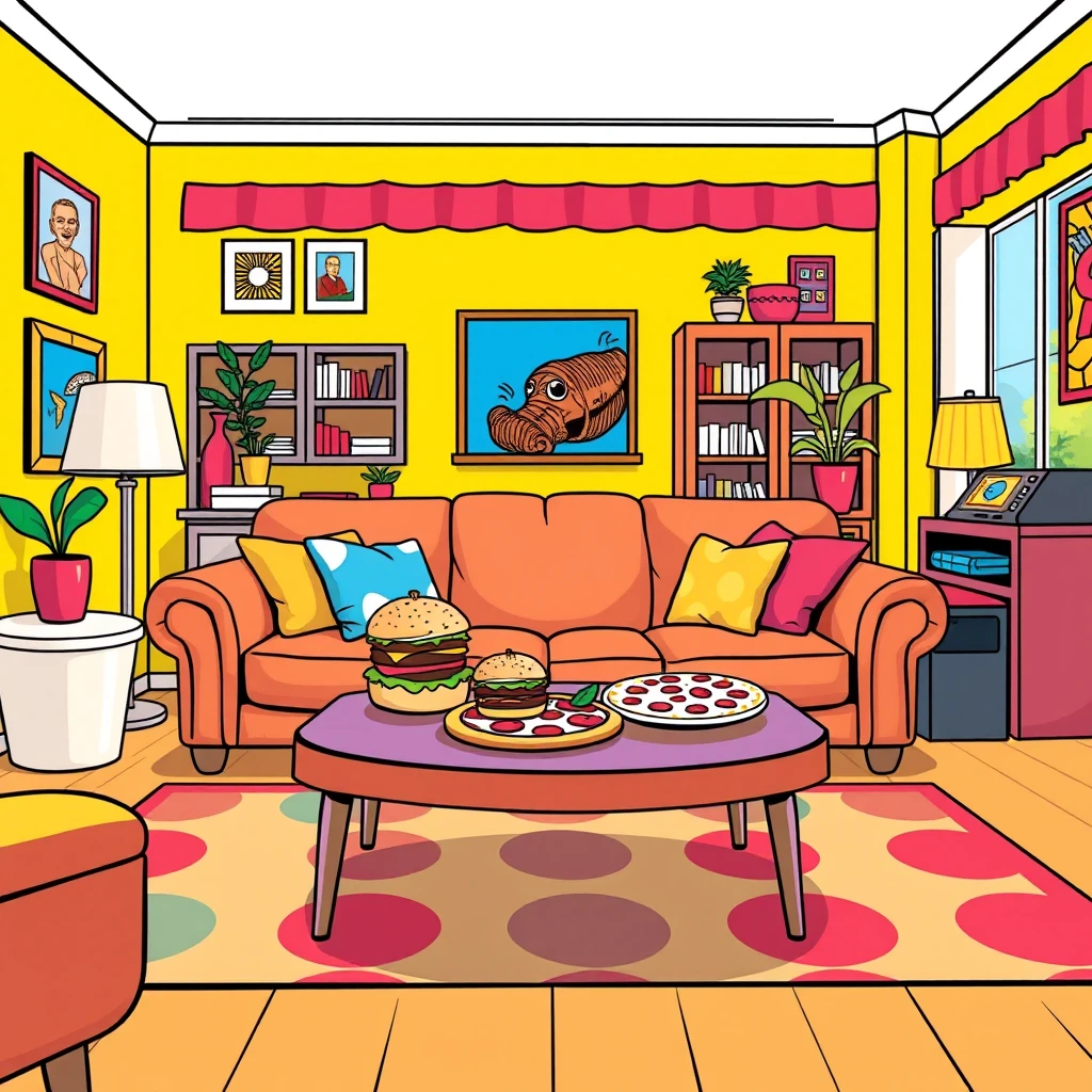 A cartoon-style game poster set in a vibrant yellow living room. Features a comfy couch, a coffee table with burgers, pizzas, and fish soup. Inspired by Roy Lichtenstein, with large color blocks, vivid colors, and bold patterns. The background includes playful decor and high-resolution details, with a pop art flair. The poster includes bright colors, deep focus, and high resolution for a fun and exciting look.