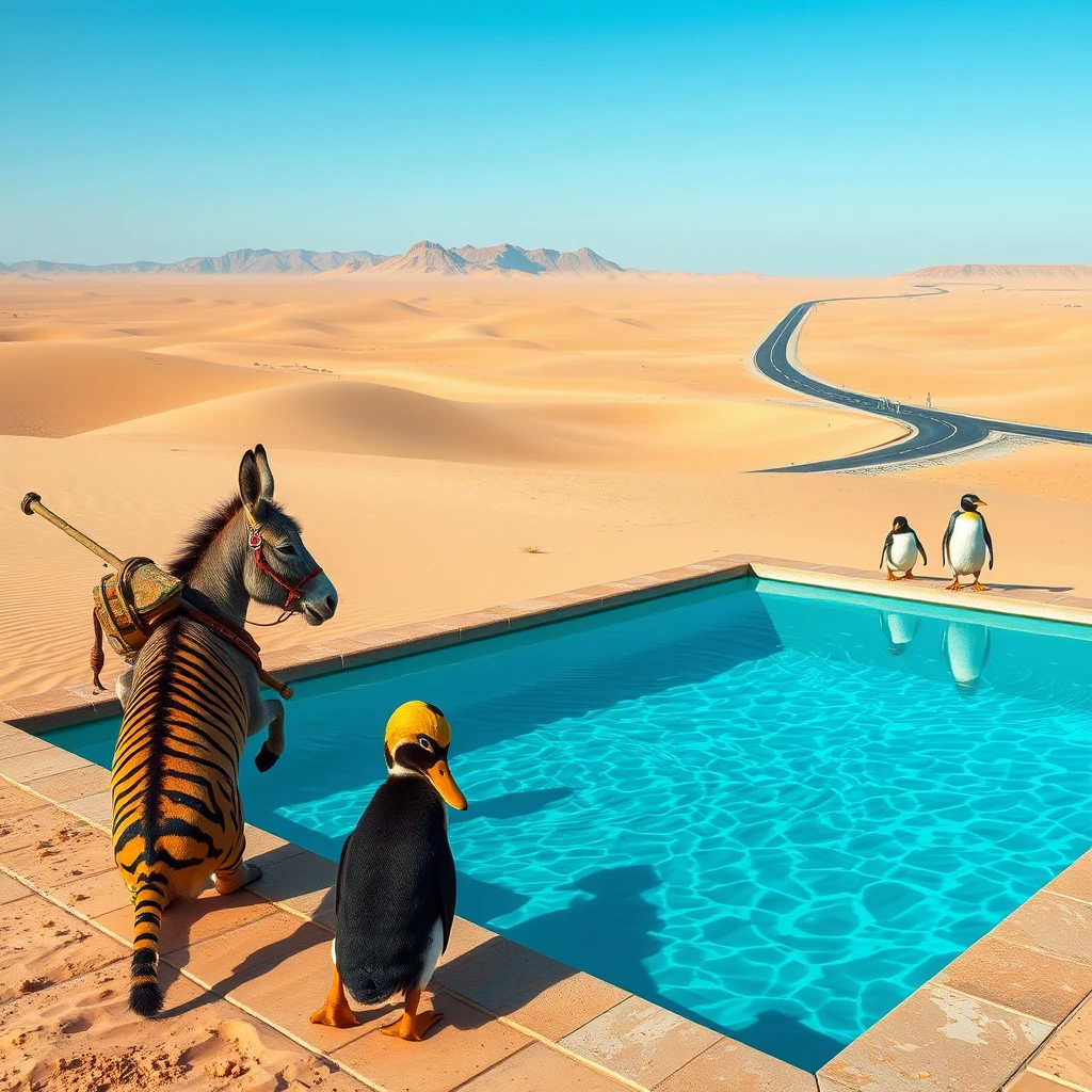 In an endless desert, a donkey and a duck are very cozy lying in a clear swimming pool. Two tigers with halberds stand around the pool as guards. Not far from the swimming pool, there is an endless road where a few penguins are heavily burdened on the road. The duck and donkey are mocking the penguins.