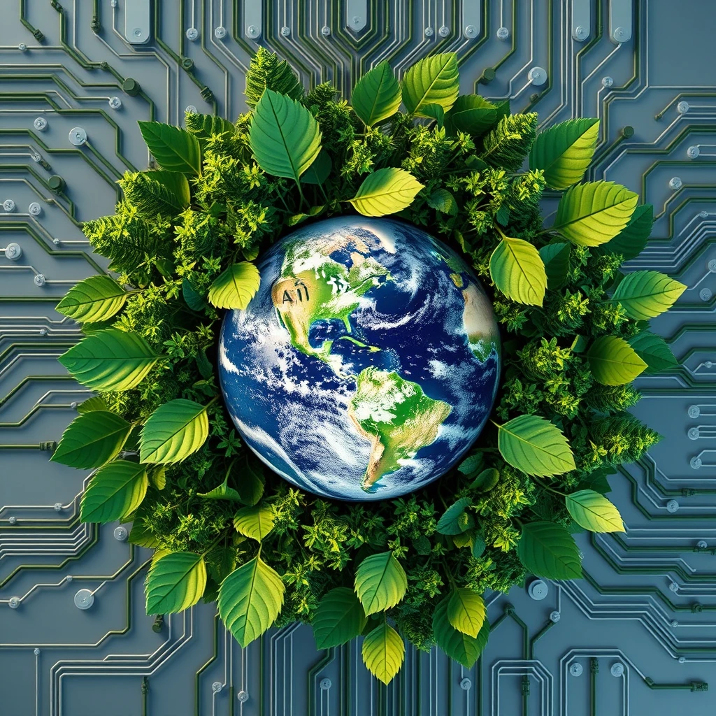 Generate a realistic visual centered around the Earth, surrounded by green and eco-friendly elements. Use electronic components to create separations. - Image