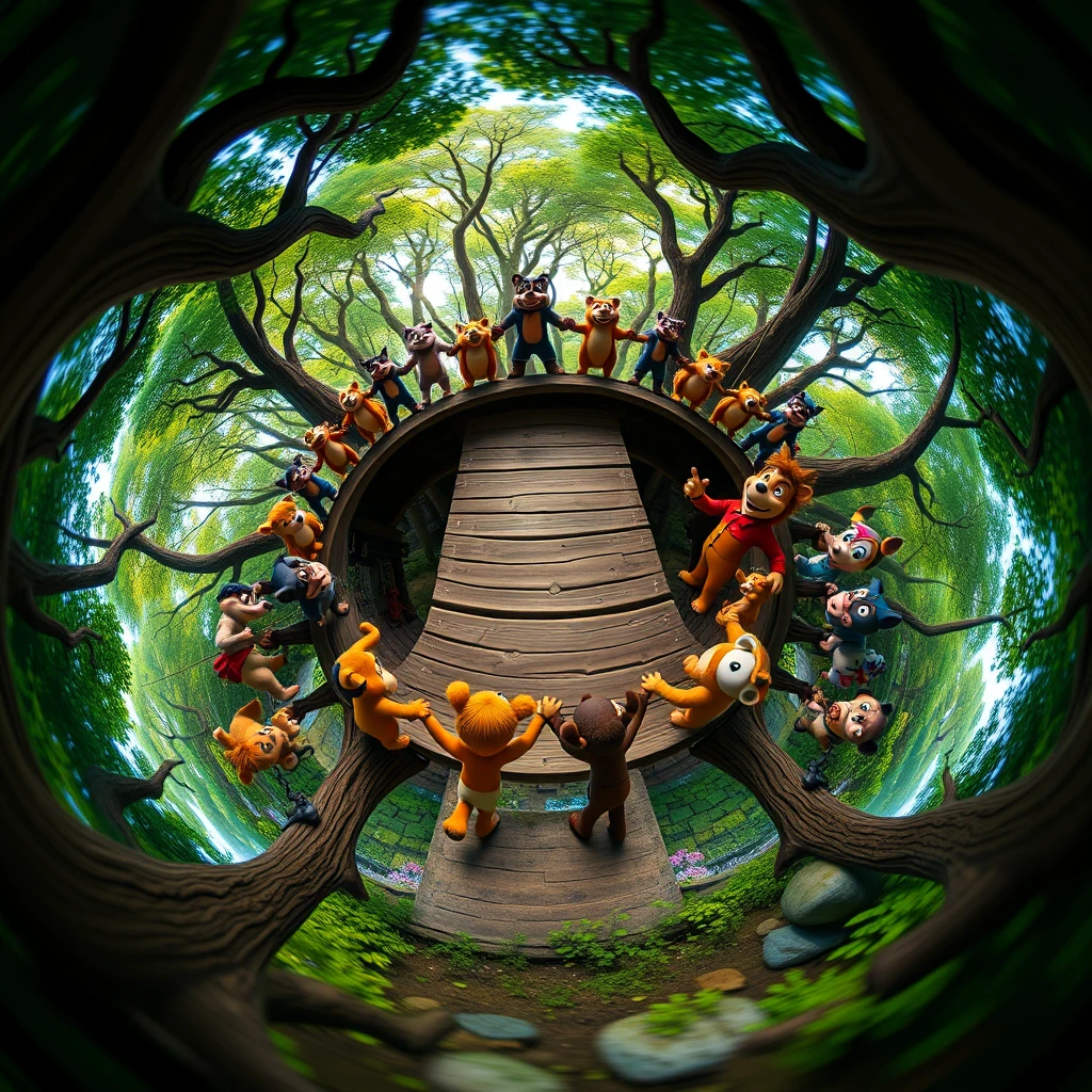 A sweeping, almost dance-like 360-degree shot captures the animals of Disney's forest holding hands around the bridge, celebrating their unity in a choreographed display of teamwork.