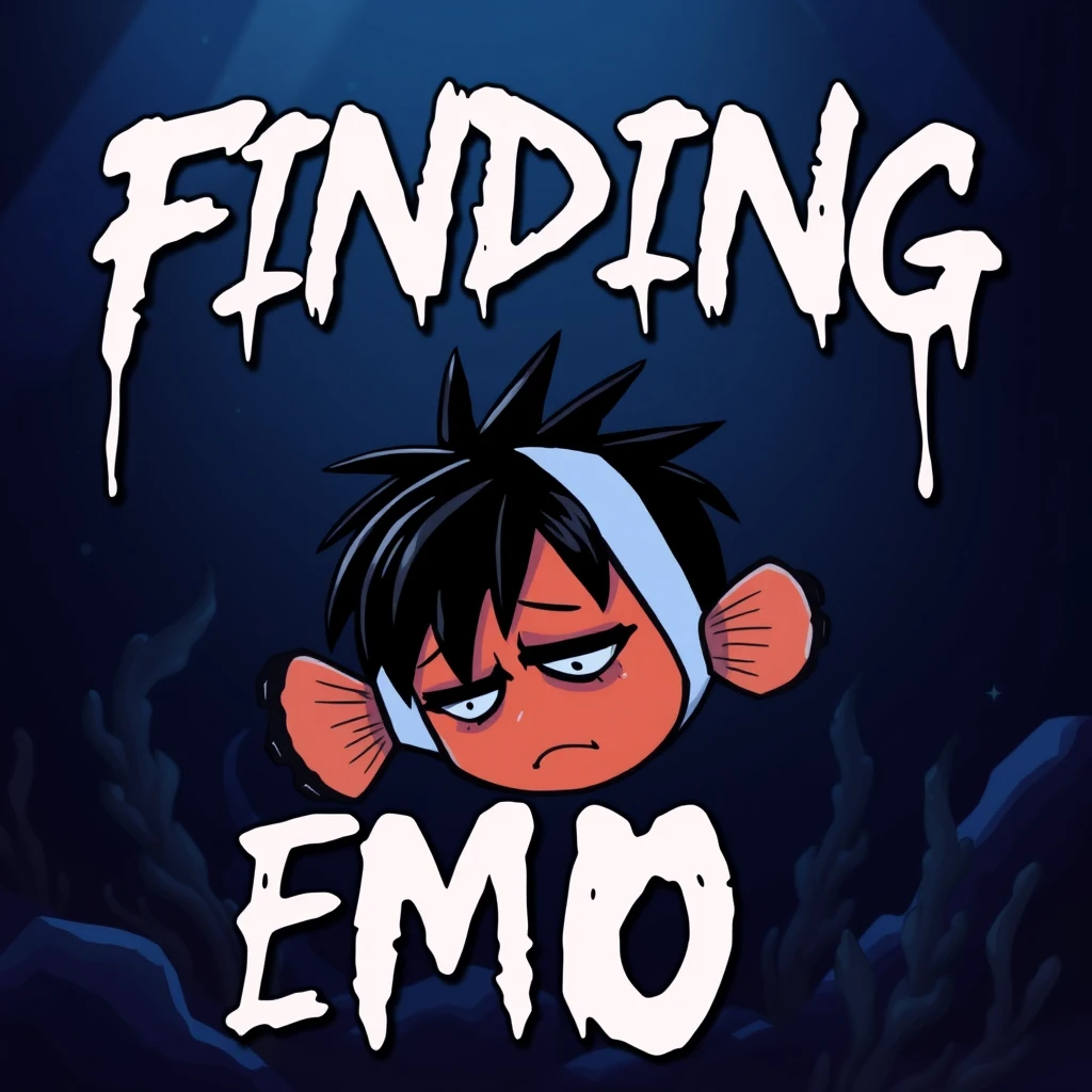 Title: The movie title "Finding Emo" should be prominently displayed in a dripping, grungy font that reflects the emo aesthetic. This could be a custom font or one that resembles dripping paint or blood, to add to the moody atmosphere.

Main Character: The depressed cartoon clownfish would be the central figure. This character should have black emo hair, which could be styled in a spiky or messy manner. The clownfish should also have dark eyeliner and piercings to emphasize the emo theme.

Expression: The clownfish should have a bored or melancholic expression to convey the emo mood. This could be shown through droopy eyes, a slight frown, or a general lack of enthusiasm.

Setting: The background should be a dark underwater scene, possibly with dim lighting or shadows to create a sense of depth and mystery. You could include elements like seaweed, rocks, or other underwater flora and fauna, but in darker, moodier colors.

Color Palette: Use a moody blue and purple color palette to set the tone. These colors are often associated with the emo subculture and will help to create a cohesive and thematic design.

Typography: Besides the title, any additional text, such as taglines or credits, should also be in a font that complements the emo theme and the main title's font style.

Layout: Arrange these elements in a way that guides the viewer's eye through the poster. The clownfish should be the focal point, with the title drawing attention and the background setting the scene.

Parody Elements: Since this is a parody of "Finding Nemo," you might want to include subtle nods to the original movie, such as similar poses for the clownfish or references to scenes from the original film, but with an emo twist.