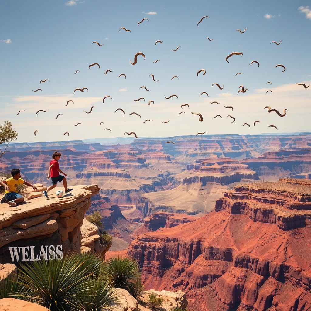 Kids playing soccer on a cliff overlooking the Grand Canyon with hundreds of snakes flying. - Image