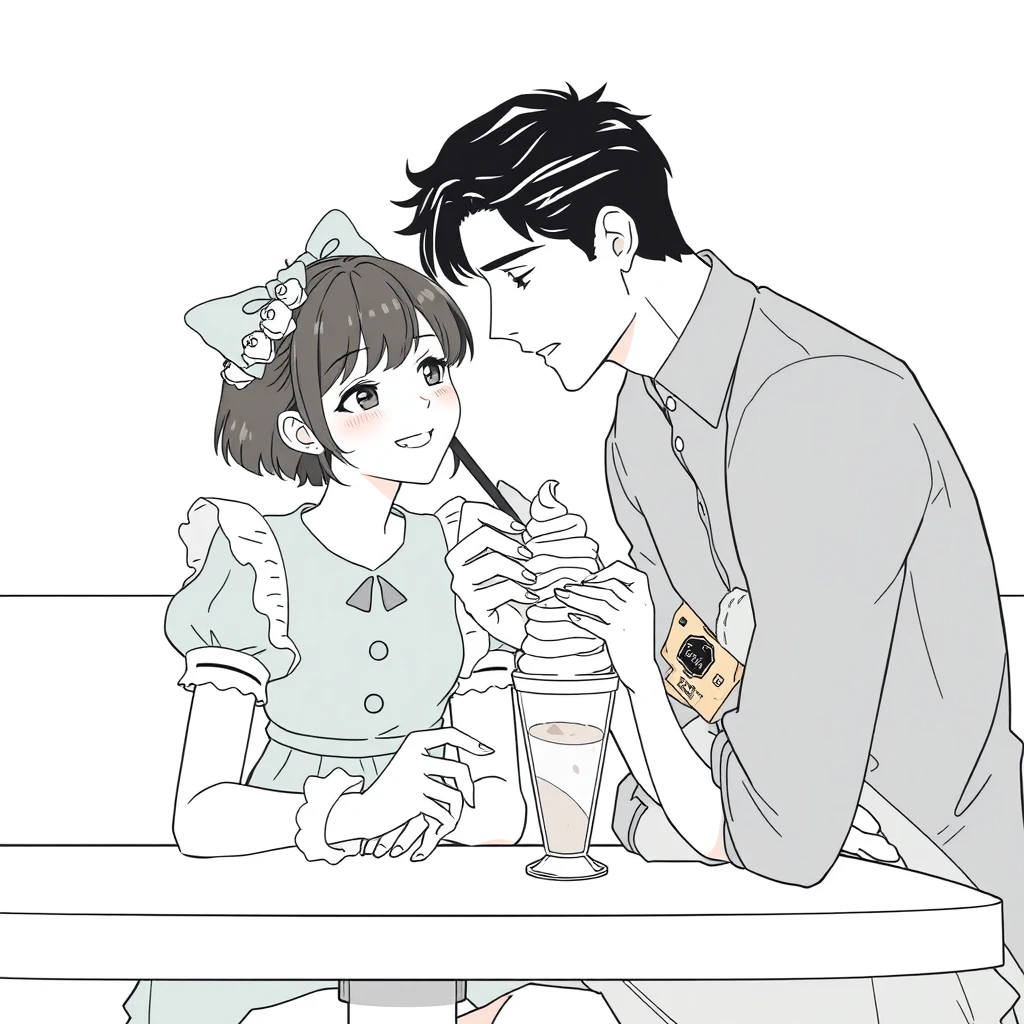 The boy was sitting and gently feeding his girlfriend a cup of ice cream, and the girl, wearing a lolita dress, looked happy, resting her cheeks in her hands on the table. The boy is tall and handsome. Anime line art. - Image